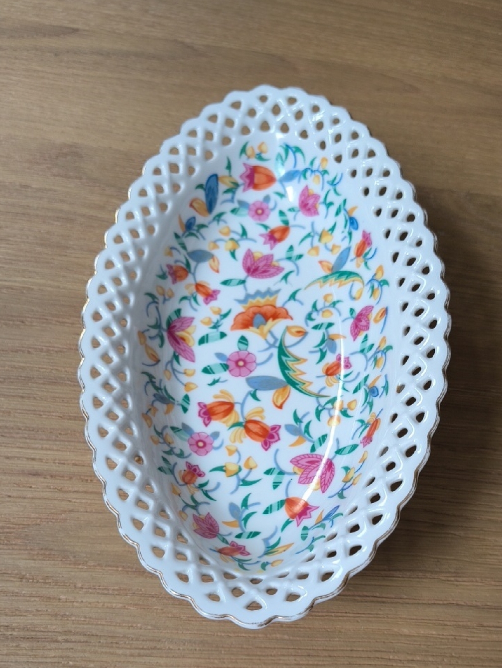 Vintage German Porcelain Reticulated Chintz Oval Bowl Lattice Gold Trim
